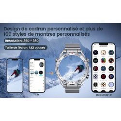 Smart Watch Montre Connectée Homme 1.42"- IOS et Android - Grise métal avec 2 Bracelets - NEUVE