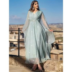Robe de soirée élégante Col V et manches flottants - Vert d'eau