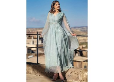 Robe de soirée élégante Col V et manches flottants - Vert d'eau