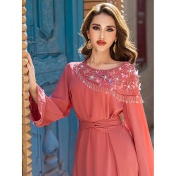 Robe de soirée manche style cape Rose