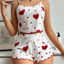 Ensemble Pyjama Femme Vêtements de Nuit 2 Pièces Débardeurs Courts et Shorts Doux Imprimé Cœur