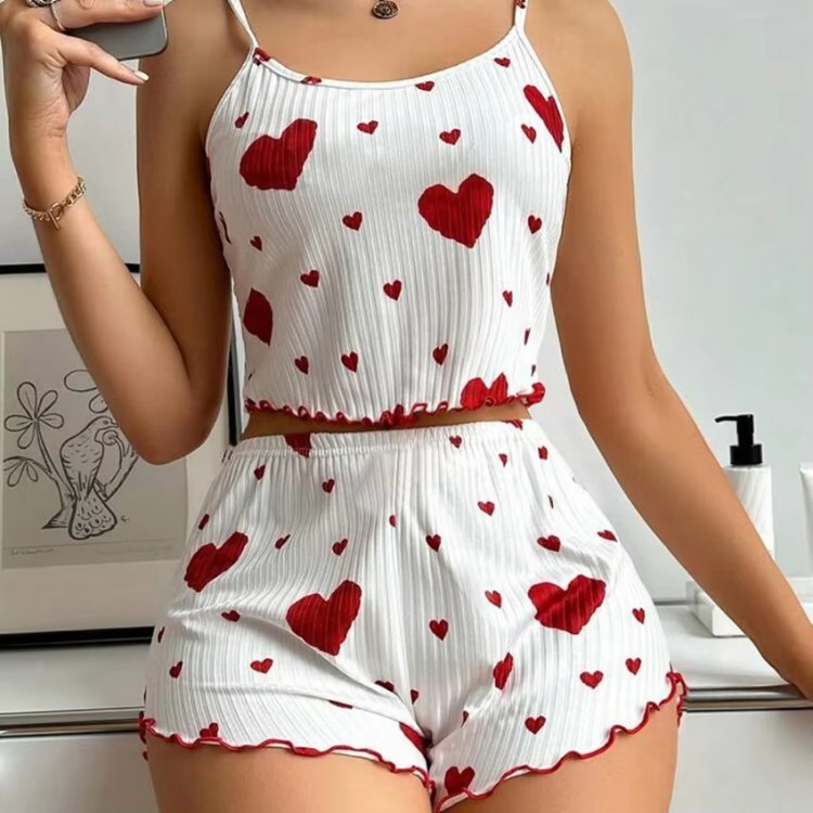 Ensemble Pyjama Femme Vêtements de Nuit 2 Pièces Débardeurs Courts et Shorts Doux Imprimé Cœur