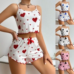 Ensemble Pyjama Femme Vêtements de Nuit 2 Pièces Débardeurs Courts et Shorts Doux Imprimé Cœur