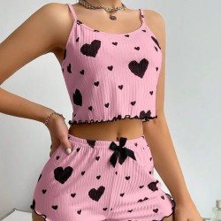Ensemble Pyjama Femme Vêtements de Nuit 2 Pièces Débardeurs Courts et Shorts Doux Imprimé Cœur