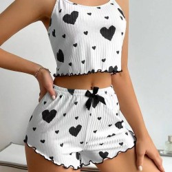 Ensemble Pyjama Femme Vêtements de Nuit 2 Pièces Débardeurs Courts et Shorts Doux Imprimé Cœur