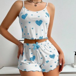Ensemble Pyjama Femme Vêtements de Nuit 2 Pièces Débardeurs Courts et Shorts Doux Imprimé Cœur